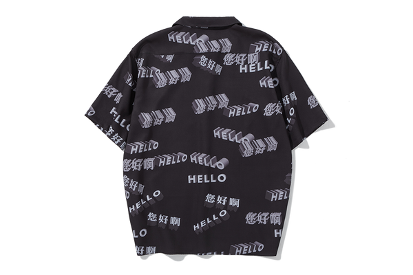 'Hello' Black Chinese Word Printed Shirt
