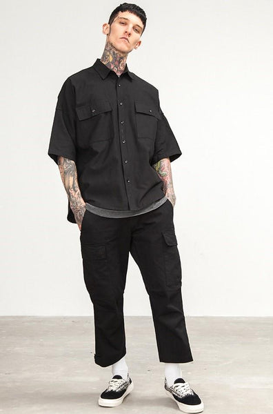 Black Cropped Cargo Workwear Trousers